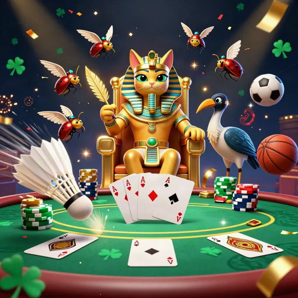Kucing firaun, ibis, dan scarab di meja poker emas dengan bola dan sorot neon.