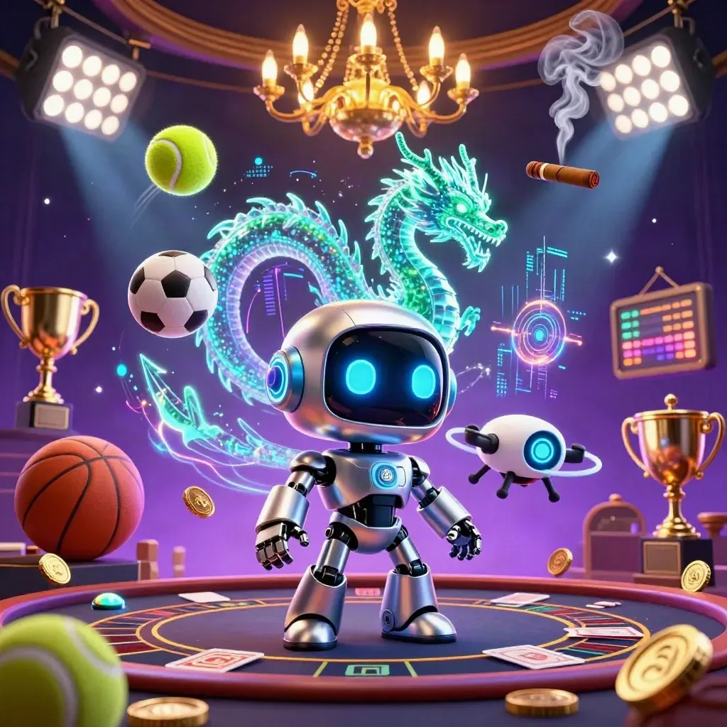 Robot cyberpunk, naga hologram, bola olahraga, koin, dan meja kasino mewah dalam nuansa neon.
