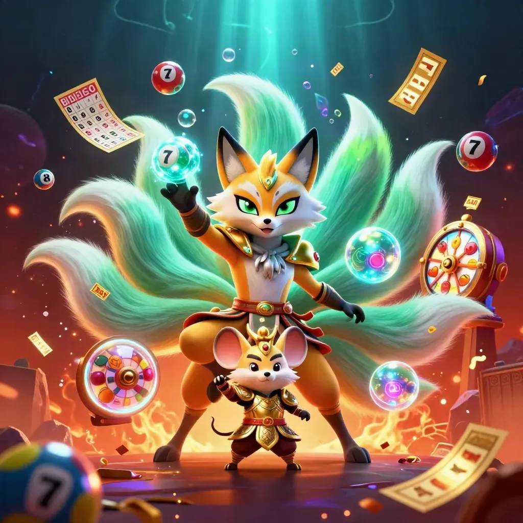 Rubah roh sembilan ekor dan tikus samurai emas dikelilingi simbol judi neon.