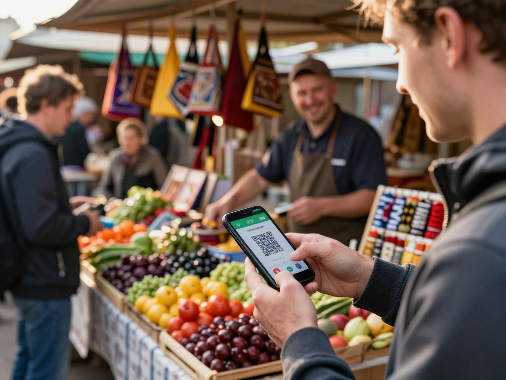 Pengunjung menggunakan https://payinrussia.com/ untuk membayar di pasar lokal di Rusia dengan aplikasi pembayaran mobile.